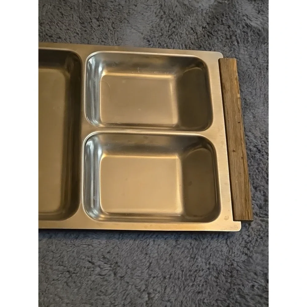 Vintage Kalmar Designs MCM Stainless Steel Teak Handles Divided Serving Tray 13
